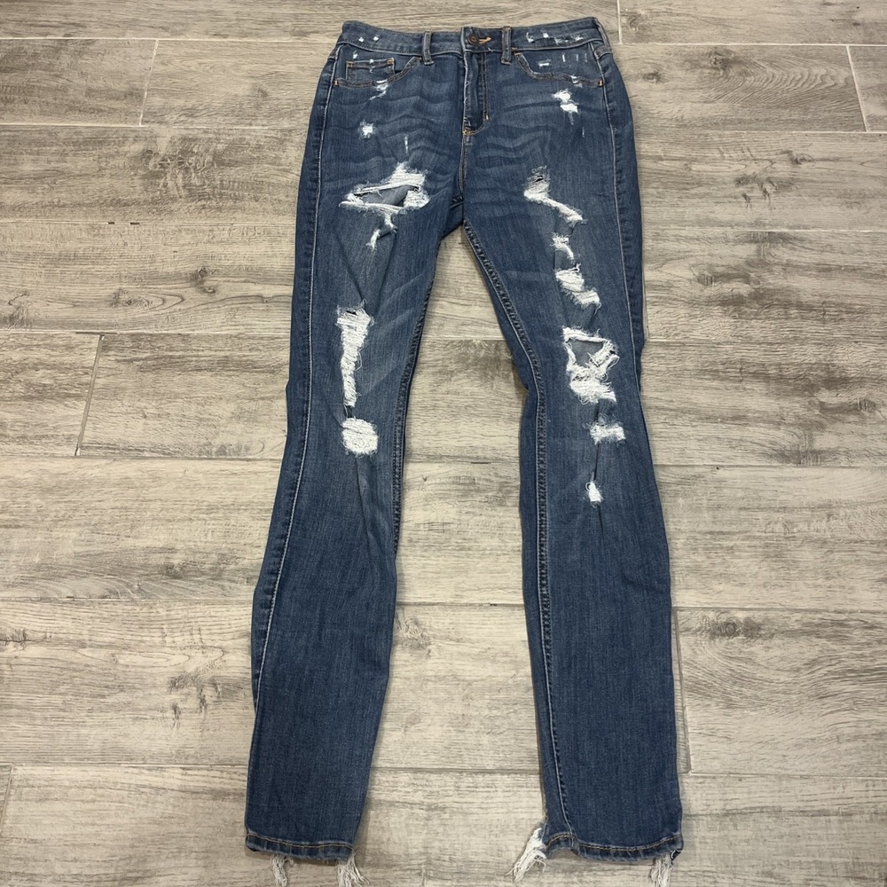 Hollister Jeans Women 3R W26 L30 Blue Curvy High Rise Super‎ Skinny Distressed